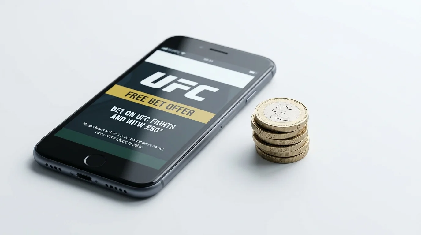 UK pound coins stacked next to a smartphone showing a free bet promotion for an upcoming UFC event